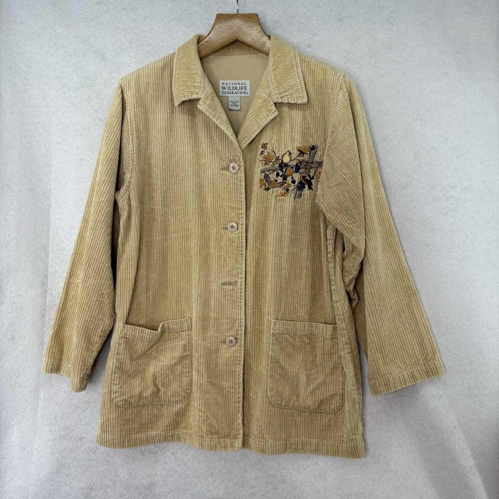 National Wildlife Federation Womens Sz L Tan Corduroy Button Shacket Bird Stitch